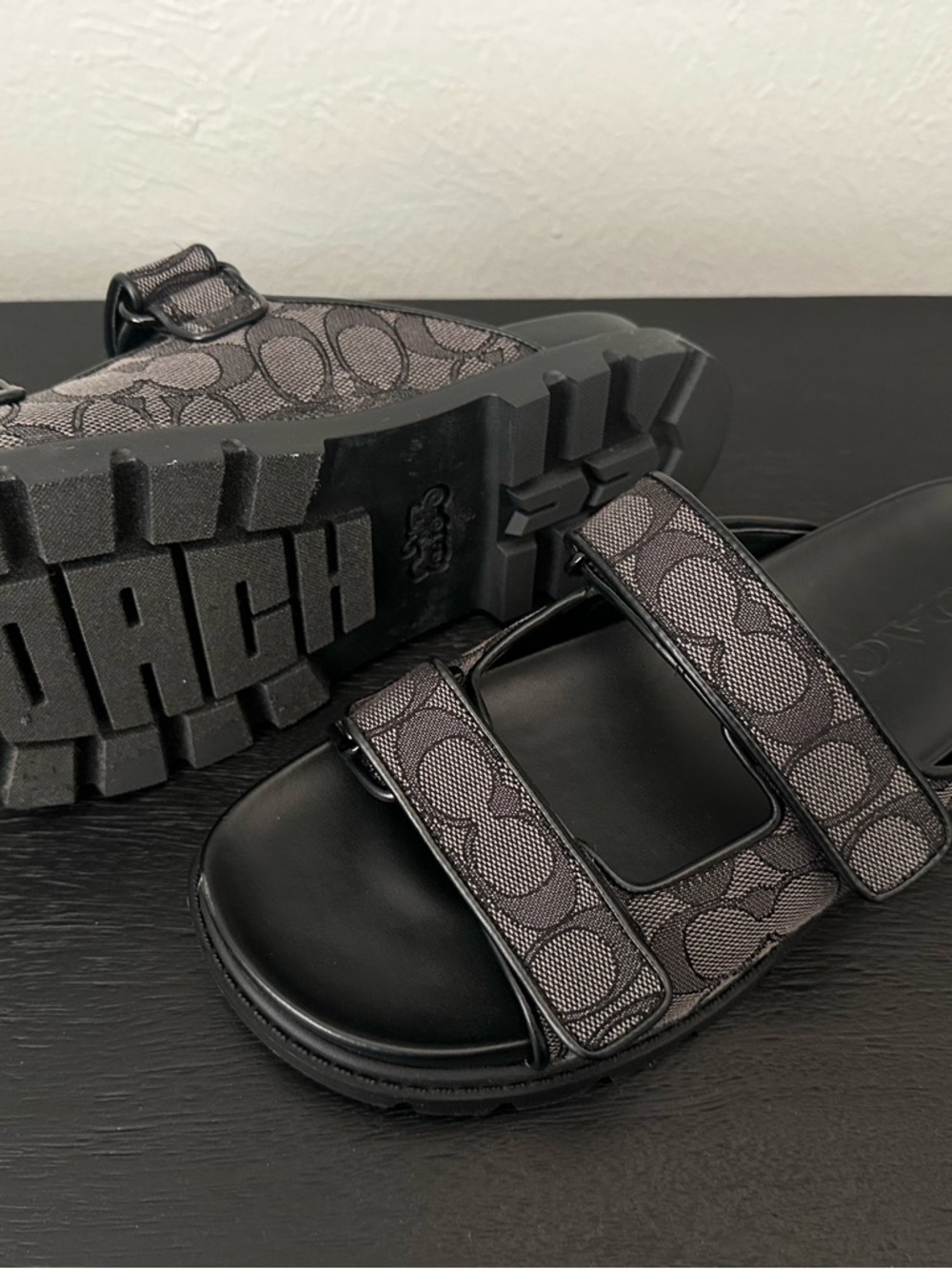 Coach Black and Gray Monogram Double-Strap Slides - Picture 2 of 5